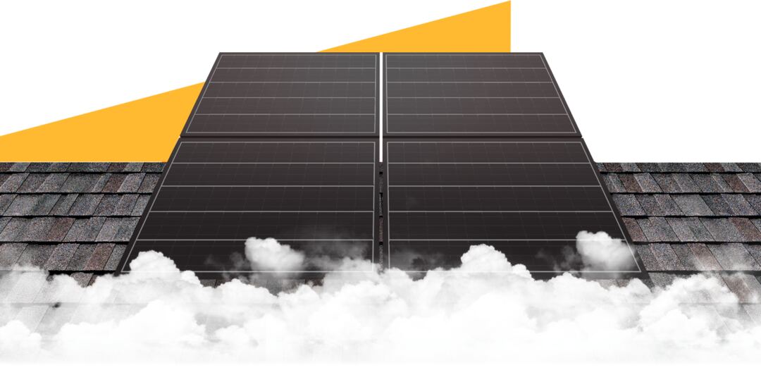 Zonnepanelen op een dak boven de wolken, in de illustratiestijl die wij voor Be Solar maakten.