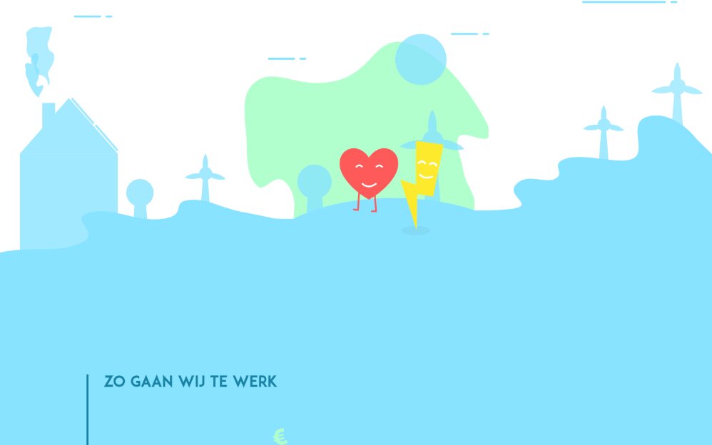 De illustratiestijl die wij voor NRG Care tekenden: hartjes en bliksems in een groen landschap, uit ons ontwerp van de site.